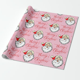 Pink Jolly Santa Claus  Vintage Merry Christmas  Wrapping Paper