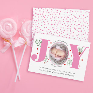 Pink Joy First Christmas holiday photo baby birth Announcement