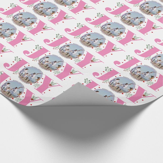 Pink JOY Merry Christmas holiday photo Wrapping Paper (Corner)
