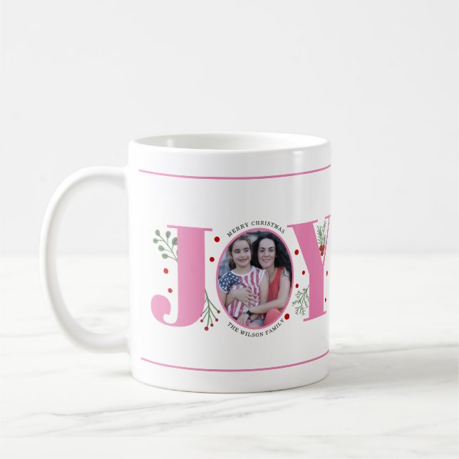 Pink Joy with berries Christmas photo Coffee Mug (Left)