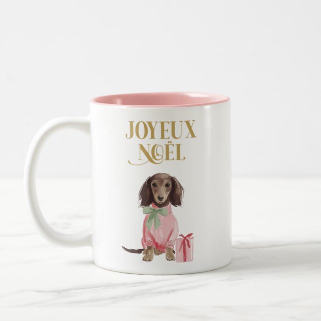 Pink Joyeux Noël Dachshund Christmas Mug (Left)