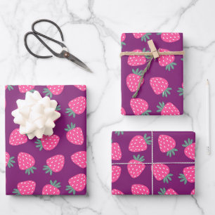 pink juicy strawberry pattern purple background wrapping paper sheet