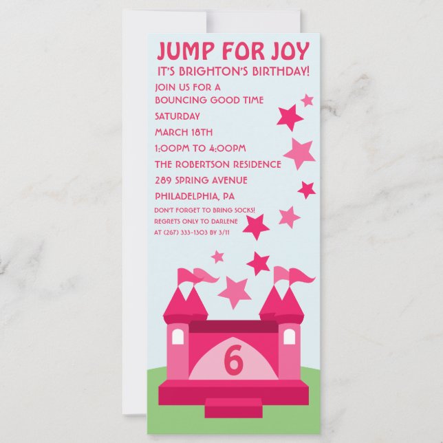 Pink Jump for Joy Bounce House Birthday Invitation (Front)