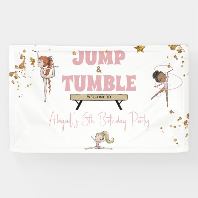 Pink Jump & Tumble Gymnastics Birthday Party Banner (Horizontal)