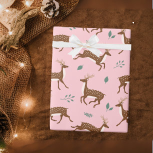 Pink Jumping Deer and leaves Wrapping Paper