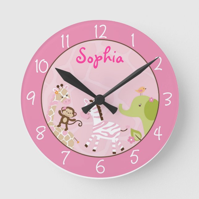 Pink Jungle Animal Round Clock (Front)