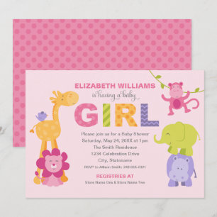 Pink Jungle Animals Baby Girl Shower Invitation