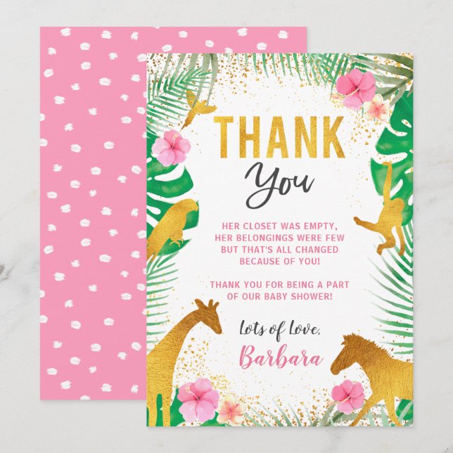 Pink Jungle Animals Baby Shower Thank You Card (Front/Back)
