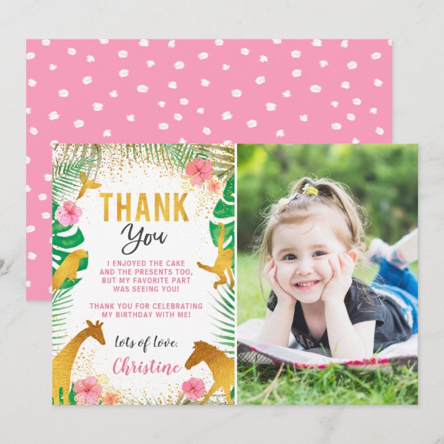 Pink Jungle Animals Photo Birthday Thank You Card (Front/Back)