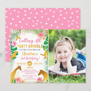 Pink Jungle Animals Safari Girls Photo Birthday Invitation