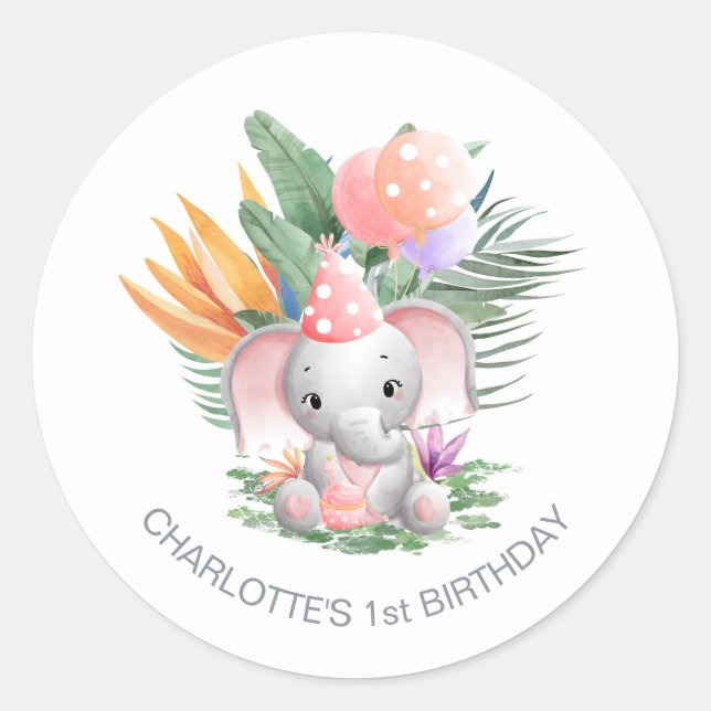 Pink Jungle Elephant 1st Birthday Classic Round Sticker (Front)