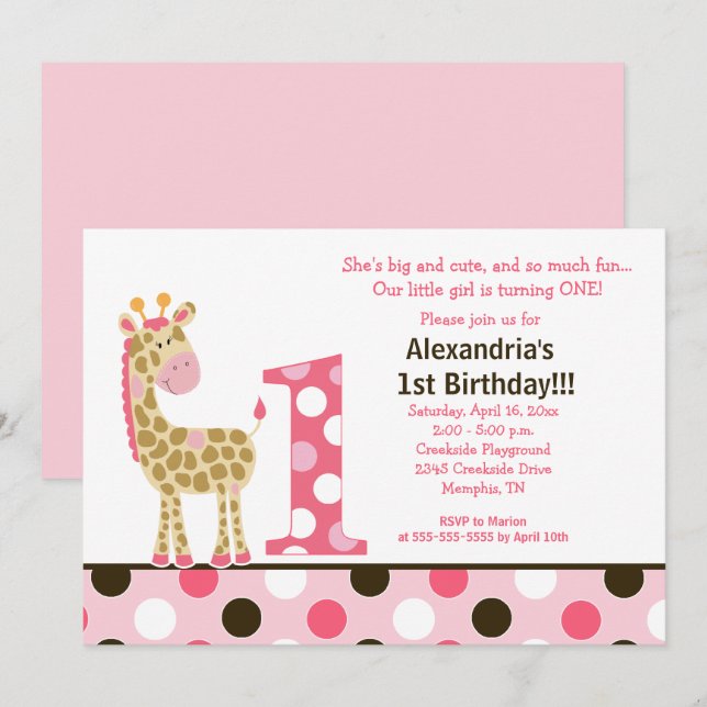 Pink Jungle Giraffe 1st Birthday Invitation 5x7 (Front/Back)