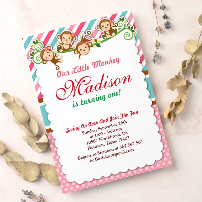 Pink Jungle Monkey Safari Animal Birthday Invitation (Creator Uploaded)