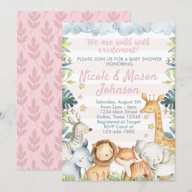 Pink Jungle Safari Baby Shower Invitation Invite (Front/Back)