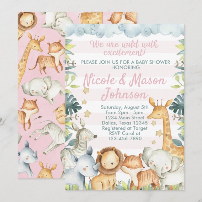 Pink Jungle Safari Baby Shower Invitation Invite (Front/Back)