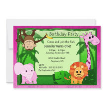 Pink Jungle Theme Kids Birthday Party Invite
