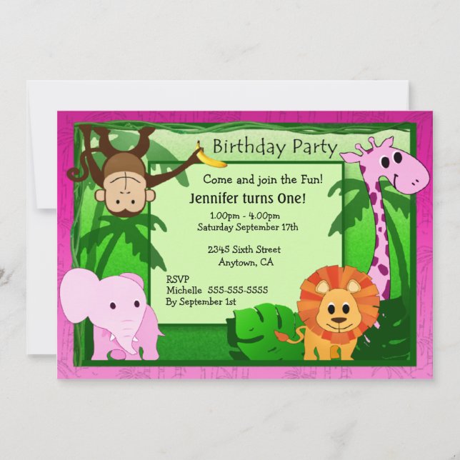 Pink Jungle Theme Kids Birthday Party Invite (Front)