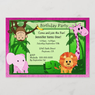 Pink Jungle Theme Kids Birthday Party Invite