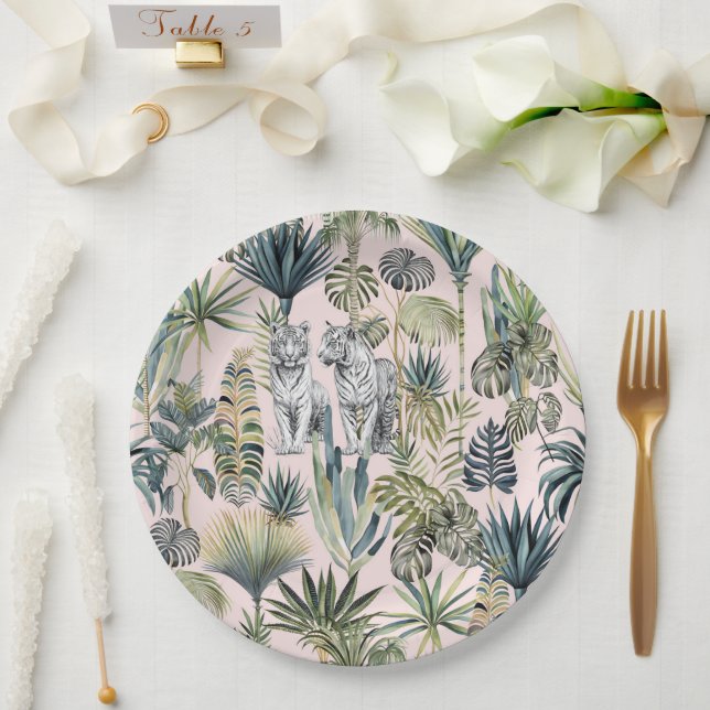 Pink Jungle White Tigers Paper Plates (Wedding)