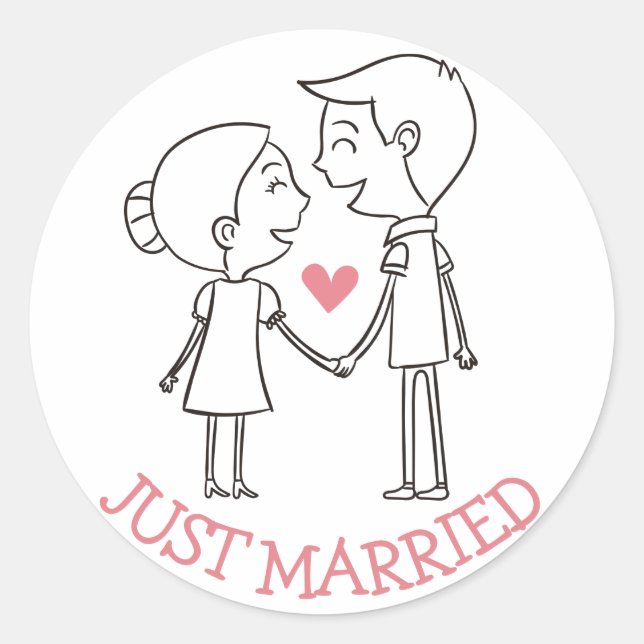 Pink Just Married Bride Groom Black White Wedding Classic Round Sticker (Front)