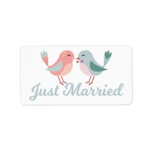 Pink Just Married Lovebirds Wedding Announcement Label