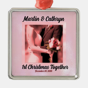 Pink Just Married with Name and Year 1st Christmas Metal Tree Decoration