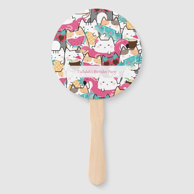 Pink Kawaii Cats Pool Birthday Party Hand Fan (Front)