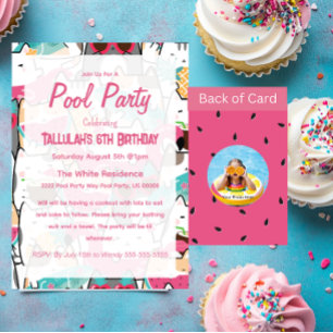 Pink Kawaii Cats Pool Party Birthday Invitations