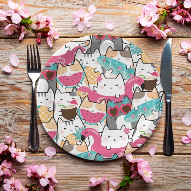 Pink Kawaii Cats Pool Party Birthday  Paper Plate (Creator Uploaded)