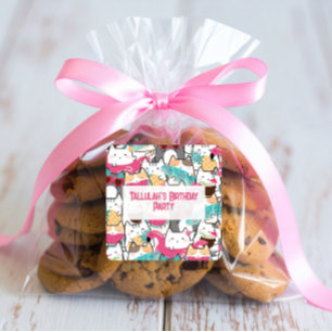 Pink Kawaii Cats Pool Party Birthday Square Sticker