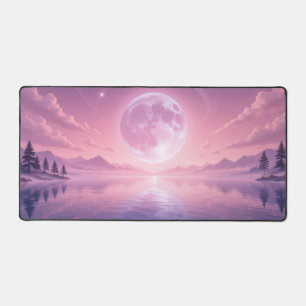 Pink Kawaii Serene Midnight Full Moon Sky, River,  Desk Mat
