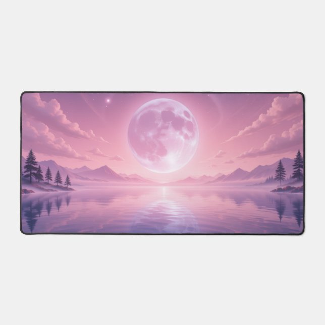 Pink Kawaii Serene Midnight Full Moon Sky, River,  Desk Mat (Front)