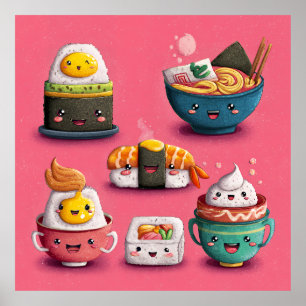 Pink Kawaii Sushi Feast Poster