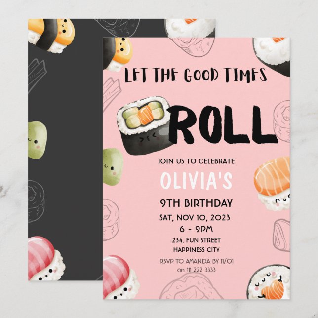 Pink Kawaii Sushi Sashimi Kids Girl Adult Birthday Invitation (Front/Back)