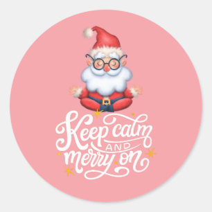 Pink Keep Calm And Merry On Funny Santa Classic Round Sticker
