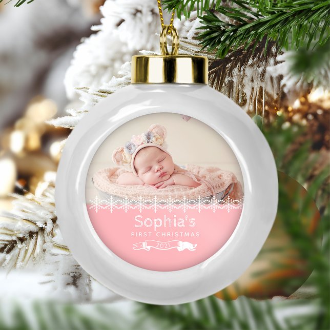 Pink Keepsake Photo Babys First Christmas Ceramic Ball Christmas Ornament (Creator Uploaded)