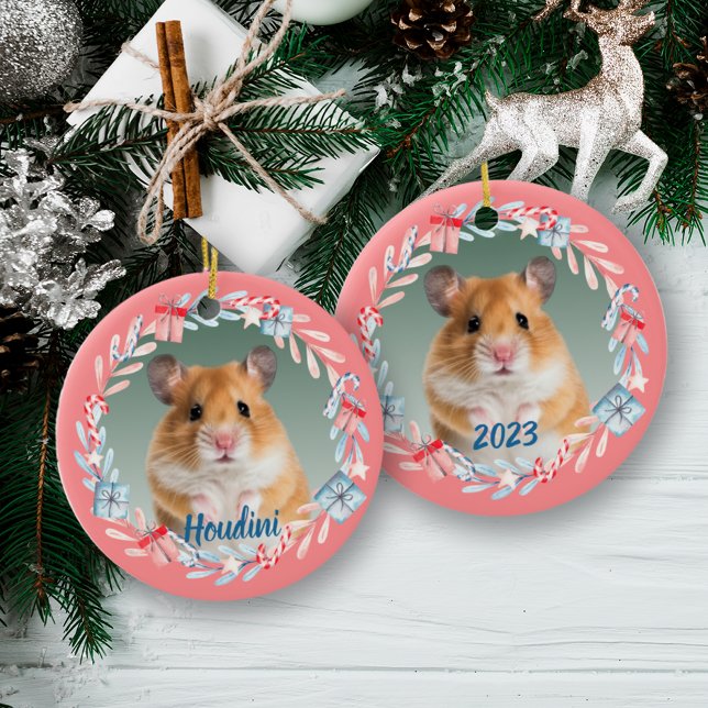 Pink Keepsake Photo Holiday Wreath Ceramic Tree Decoration (Creator Uploaded)