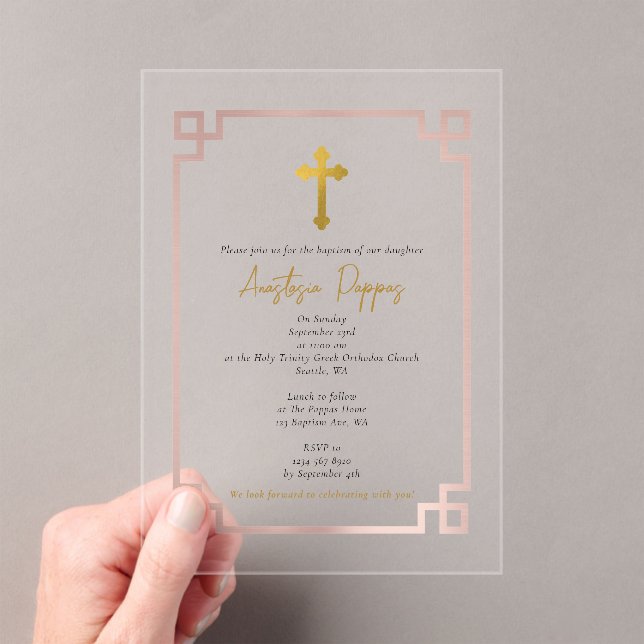 Pink Key Greek Orthodox Christening Girl Baptism  Acrylic Invitations (Insitu (Handheld))
