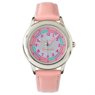 Pink Kids Learning Watch with Name & Time Guide