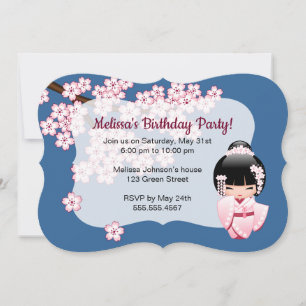 Pink Kimono Kawaii Kokeshi Doll Blue Birthday Invitation