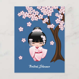 Pink Kimono Kawaii Kokeshi Doll Blue Invitation Postcard