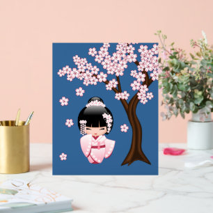 Pink Kimono Kawaii Kokeshi Doll on Blue Acrylic Sign