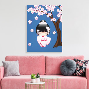 Pink Kimono Kawaii Kokeshi Doll on Blue Canvas Print
