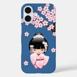 Pink Kimono Kawaii Kokeshi Doll on Blue iPhone 16 Case