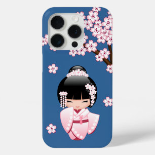 Pink Kimono Kawaii Kokeshi Doll on Blue iPhone 15 Pro Case