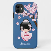 Pink Kimono Kawaii Kokeshi Doll on Blue