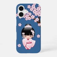 Pink Kimono Kawaii Kokeshi Doll on Blue