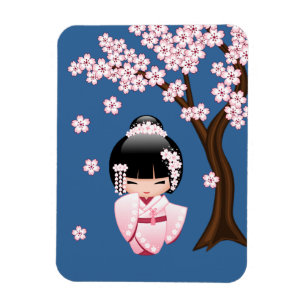 Pink Kimono Kawaii Kokeshi Doll on Blue Magnet