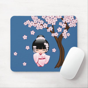 Pink Kimono Kawaii Kokeshi Doll on Blue Mouse Mat