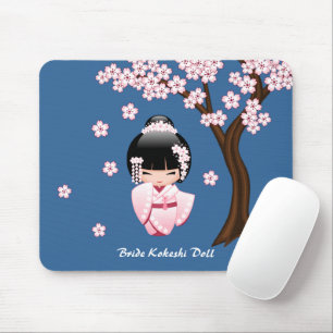Pink Kimono Kawaii Kokeshi Doll on Blue Mouse Mat